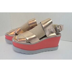 Free People Kate Wedge  Rose Gold/Coral Leather Strappy Sandal SZ 38/ US 7.5